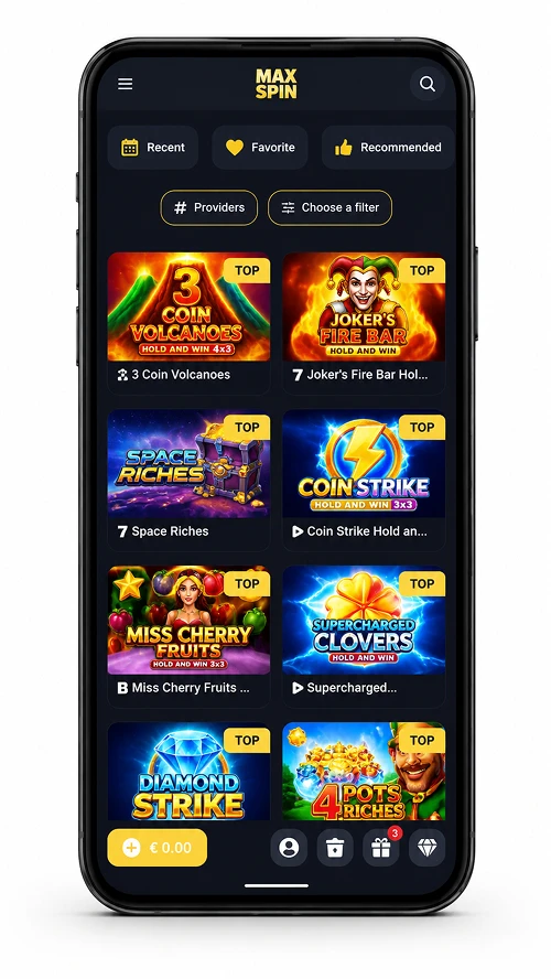 Maxispin mobile casino app screen