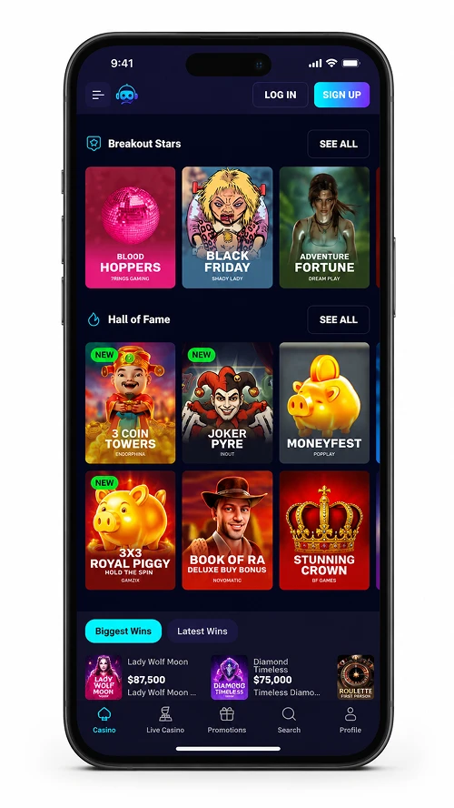 SpinJo mobile casino app screen